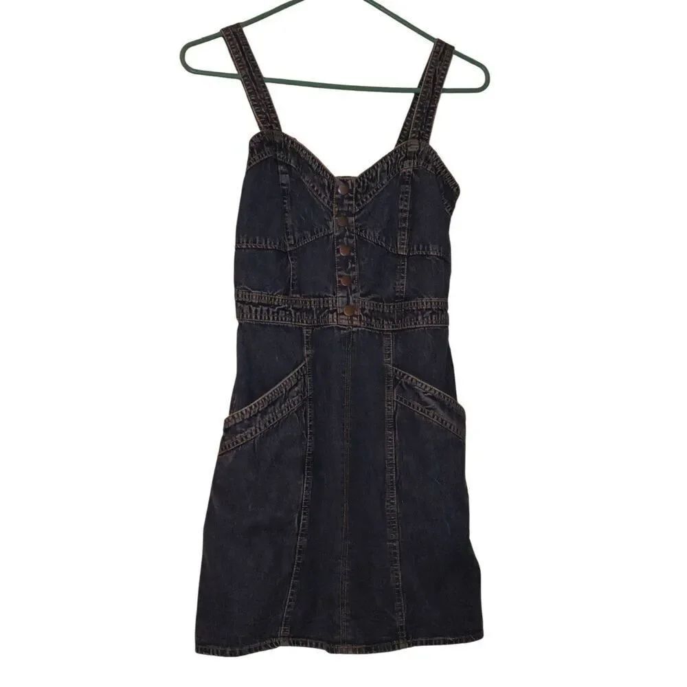 NWT Japna Women's Blue Denim Mini Overall Dress M Button Pockets